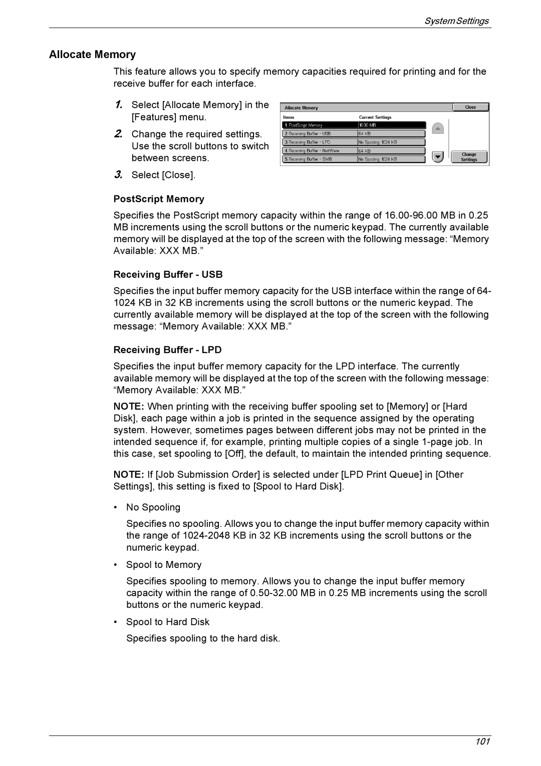 Xerox 5222 manual Allocate Memory, PostScript Memory, Receiving Buffer USB, Receiving Buffer LPD 