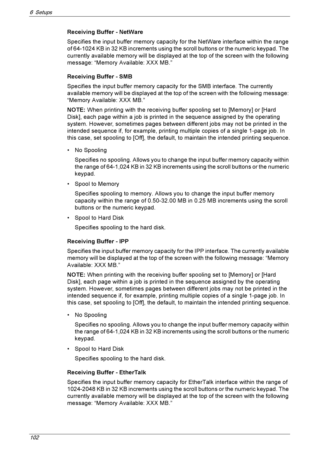 Xerox 5222 manual Receiving Buffer NetWare, Receiving Buffer SMB, Receiving Buffer IPP, Receiving Buffer EtherTalk 