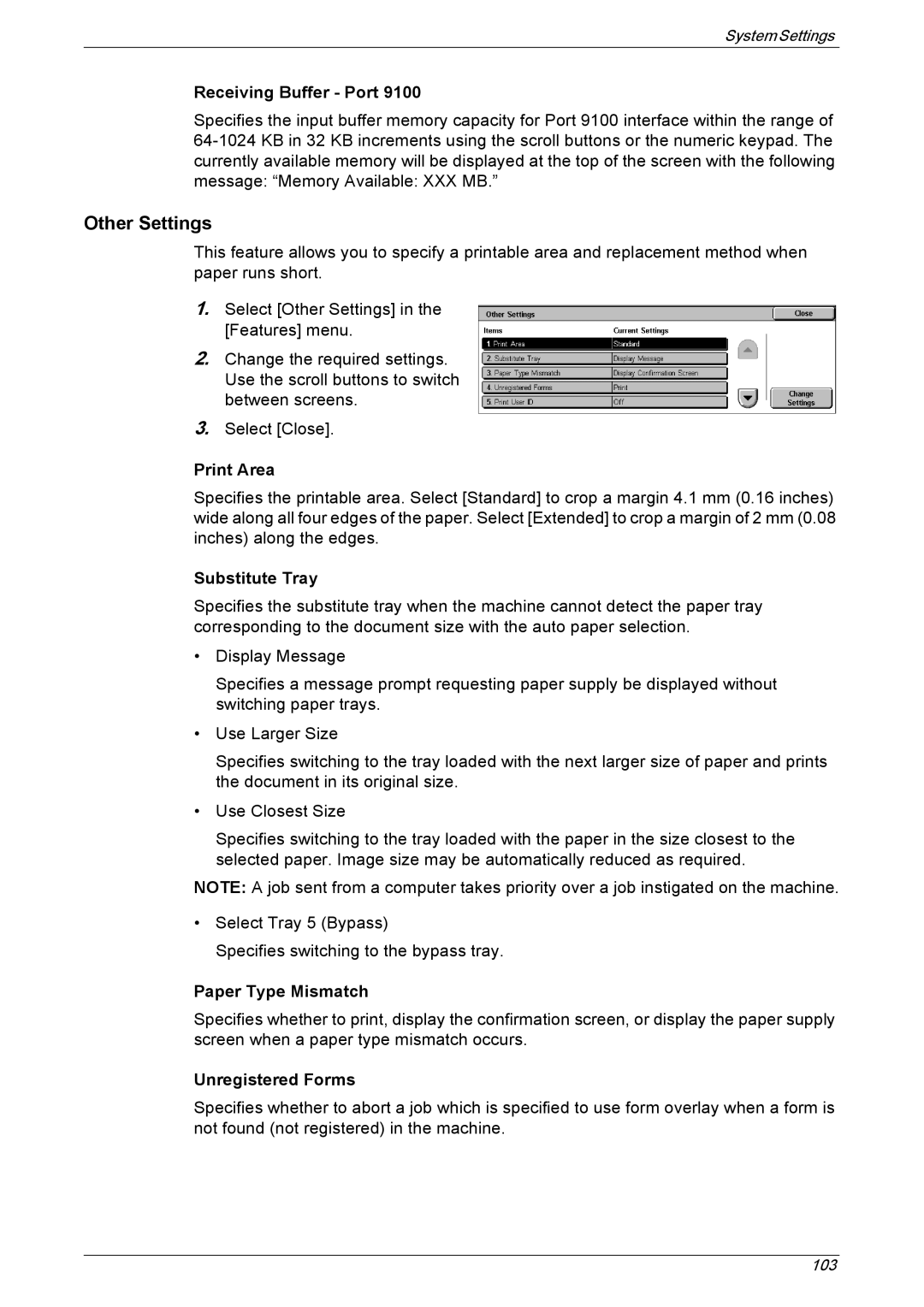 Xerox 5222 manual Receiving Buffer Port, Print Area, Substitute Tray, Paper Type Mismatch, Unregistered Forms 