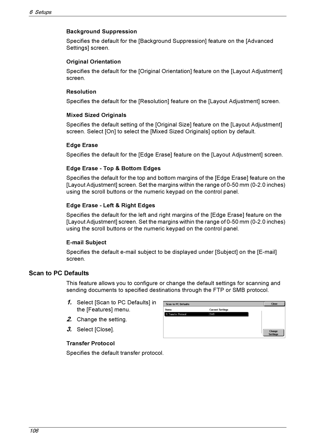 Xerox 5222 manual Scan to PC Defaults, Resolution, Edge Erase, Mail Subject, Transfer Protocol 