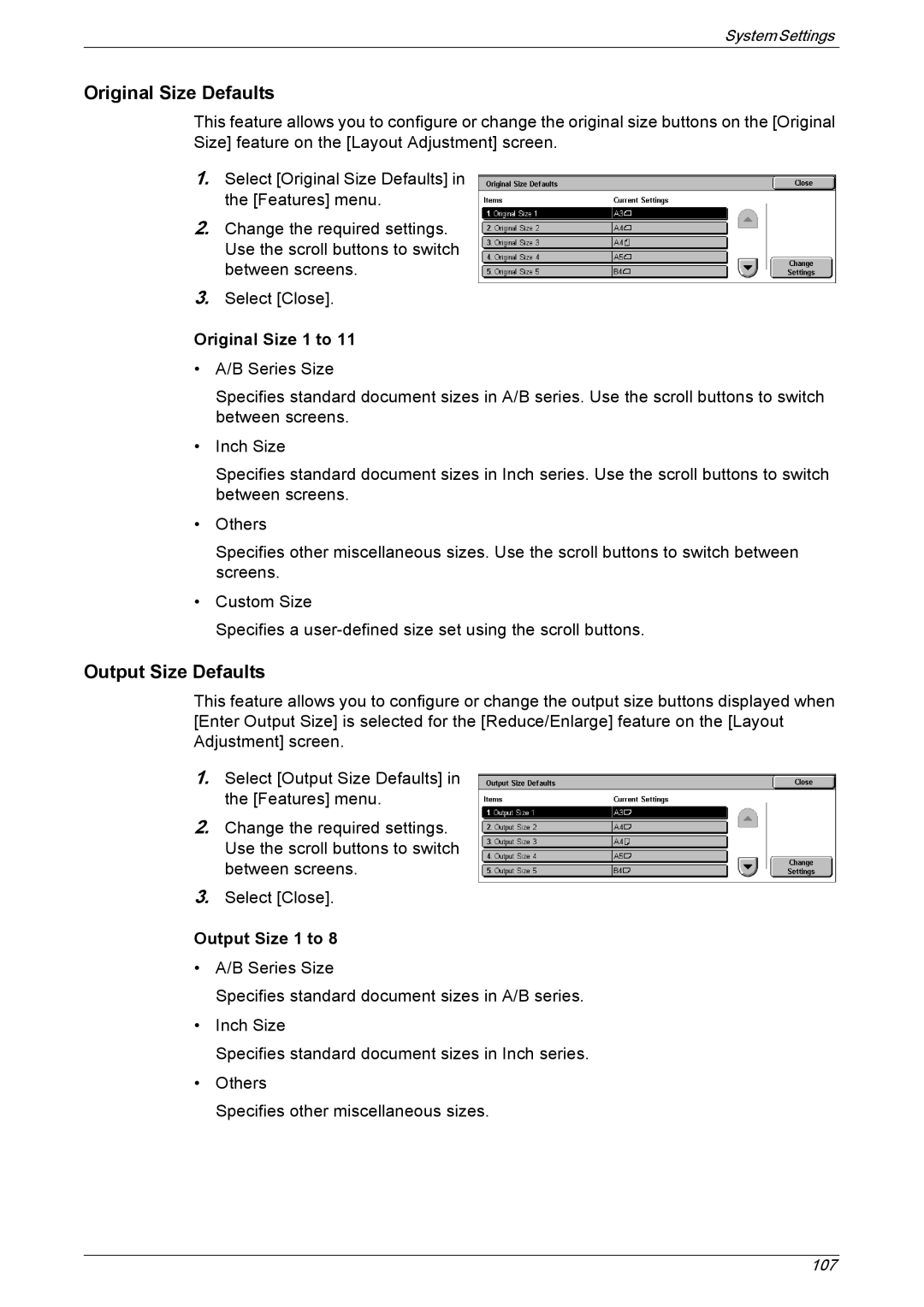 Xerox 5222 manual Output Size Defaults, Output Size 1 to 