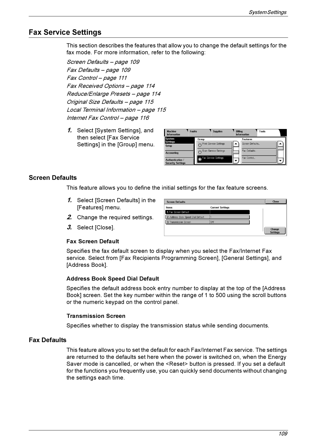 Xerox 5222 manual Fax Service Settings, Screen Defaults, Fax Defaults 