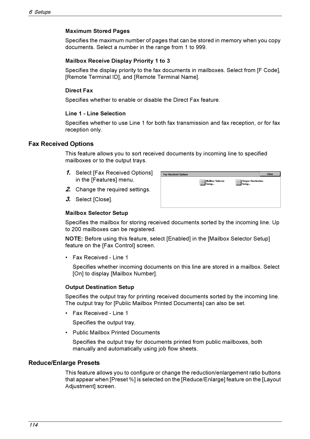 Xerox 5222 manual Fax Received Options, Mailbox Receive Display Priority 1 to, Direct Fax, Line 1 Line Selection 