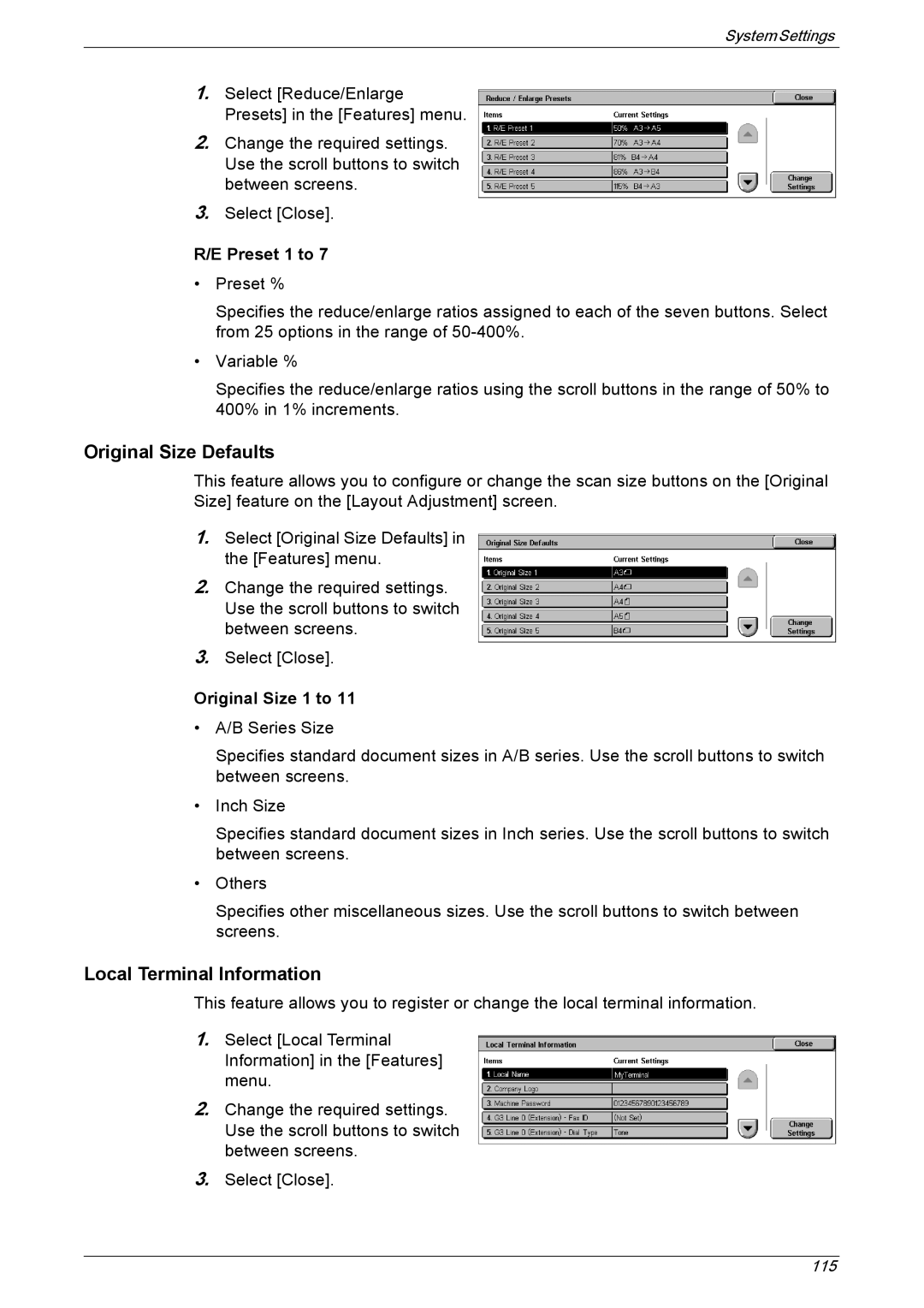 Xerox 5222 manual Local Terminal Information, Preset 1 to 