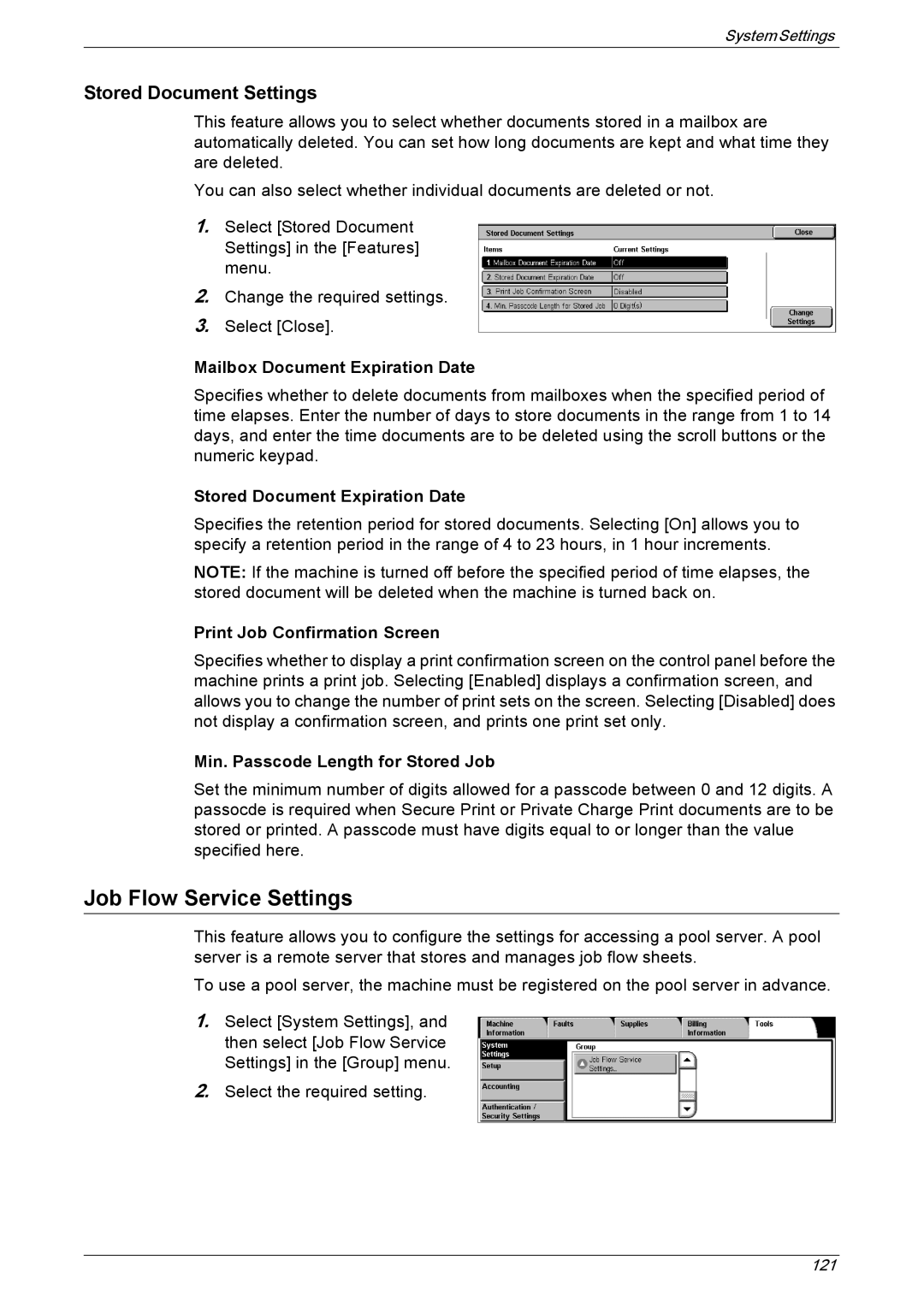 Xerox 5222 manual Job Flow Service Settings, Stored Document Settings 