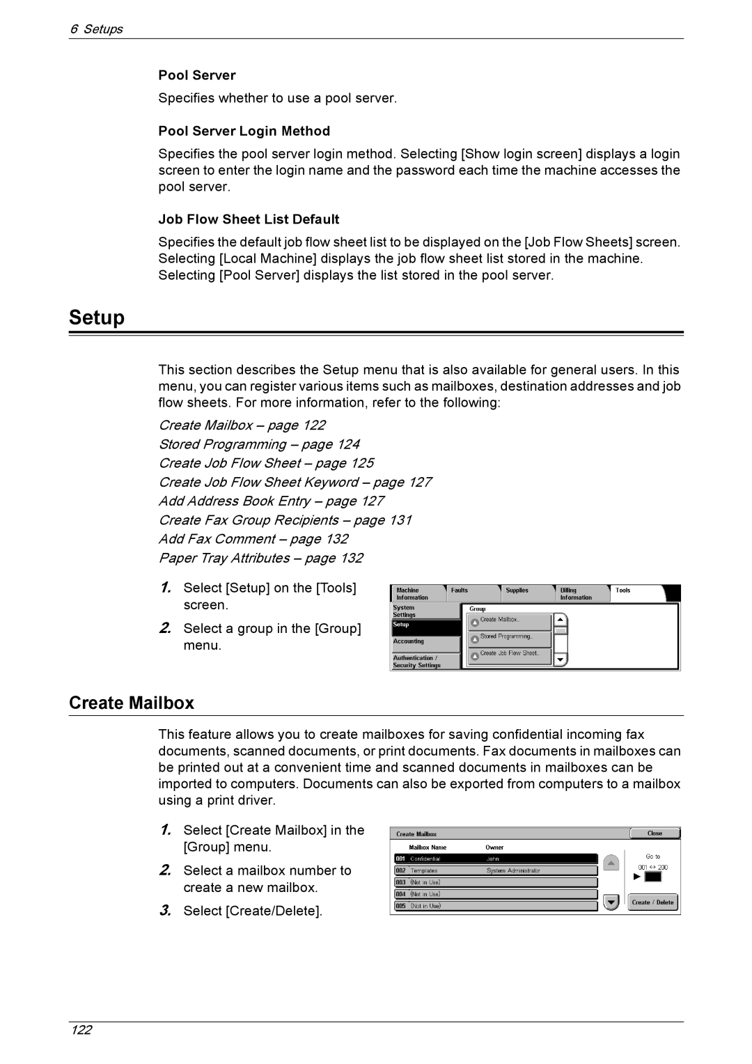 Xerox 5222 manual Setup, Create Mailbox, Pool Server Login Method, Job Flow Sheet List Default 