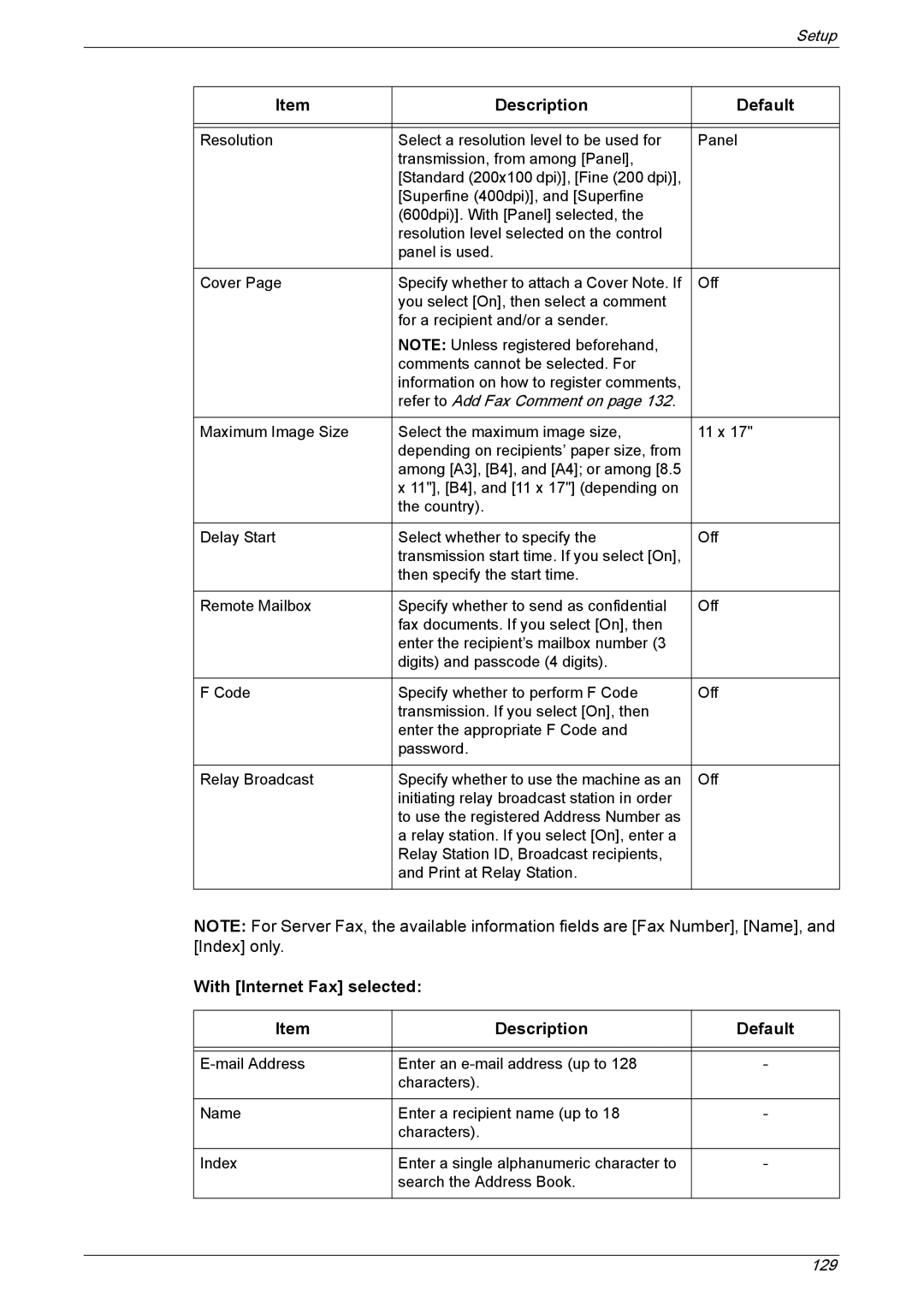 Xerox 5222 manual With Internet Fax selected Description Default 