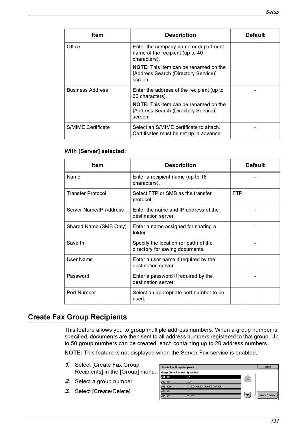 Xerox 5222 manual Create Fax Group Recipients, With Server selected Description 