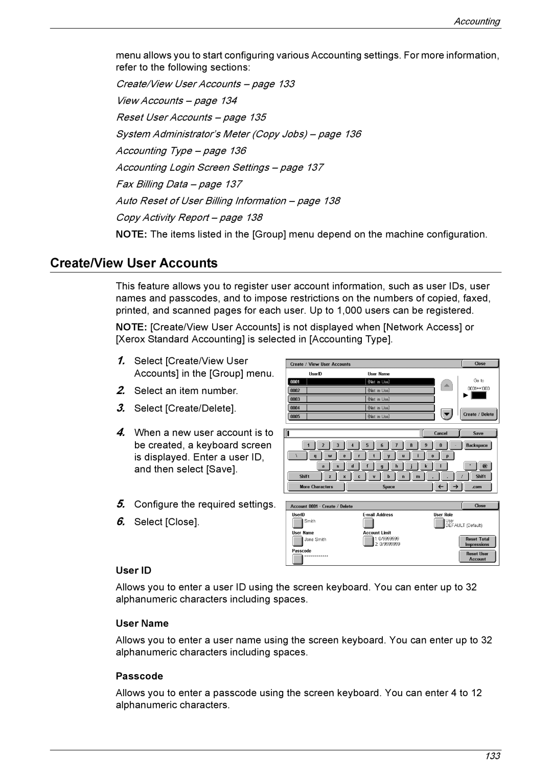 Xerox 5222 manual Create/View User Accounts, User ID, User Name, Passcode 