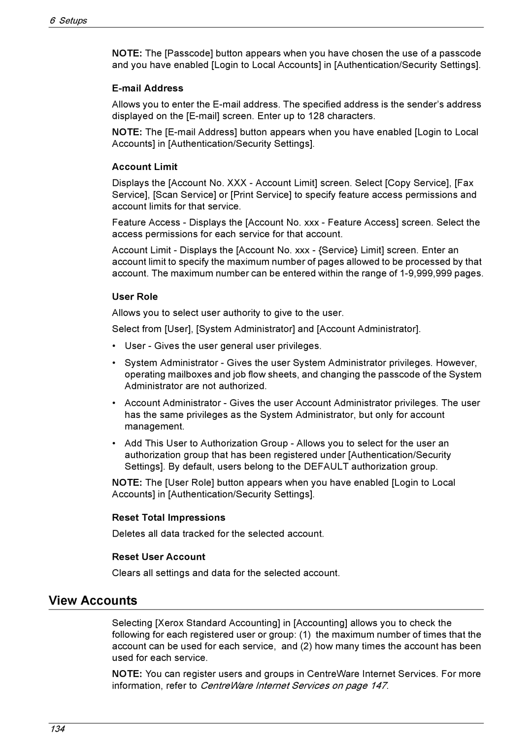 Xerox 5222 manual View Accounts, Account Limit, User Role, Reset Total Impressions, Reset User Account 