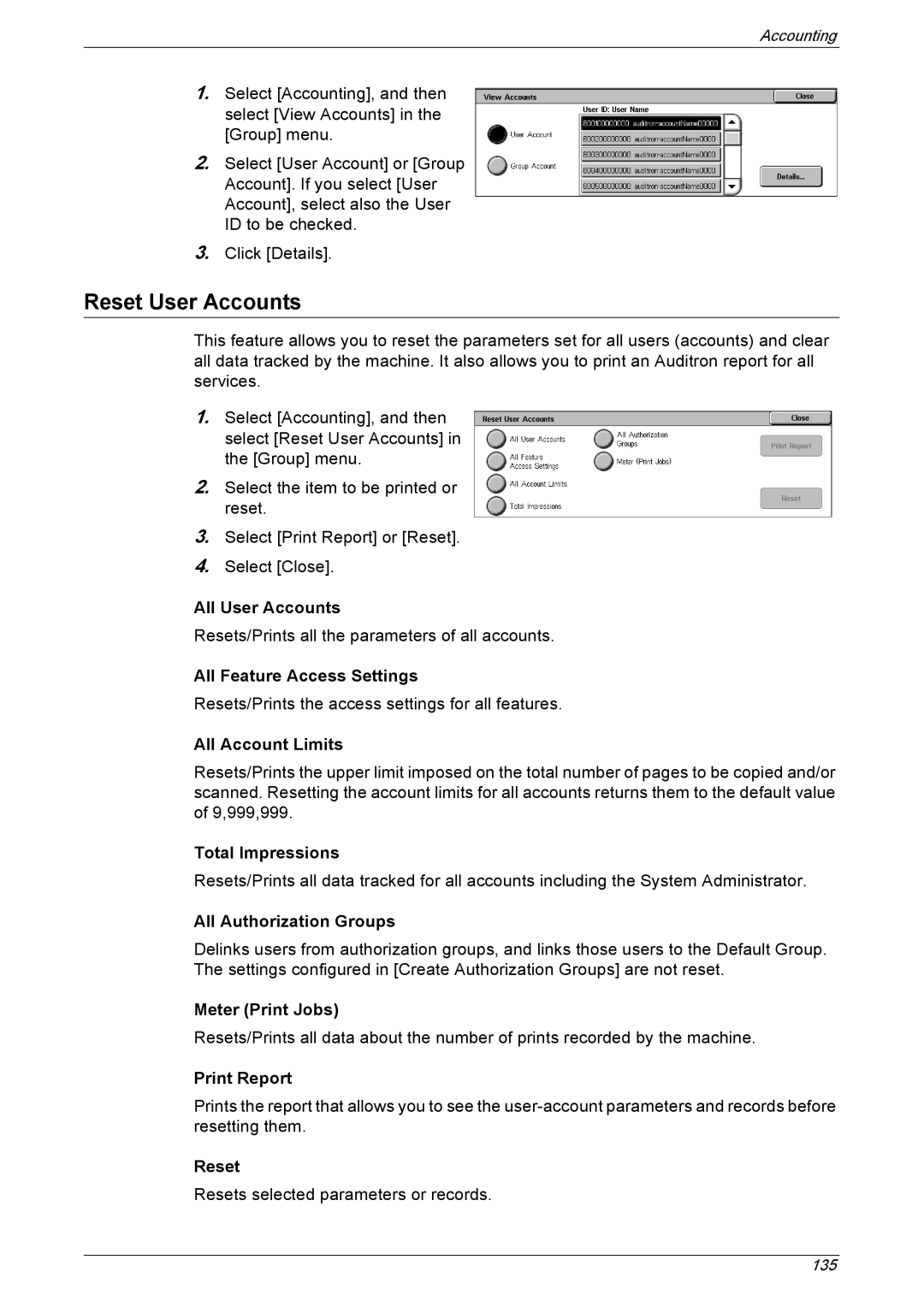 Xerox 5222 manual Reset User Accounts 