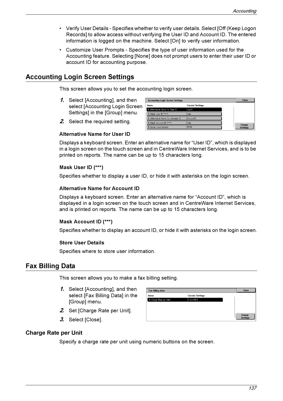 Xerox 5222 manual Accounting Login Screen Settings, Fax Billing Data, Charge Rate per Unit 