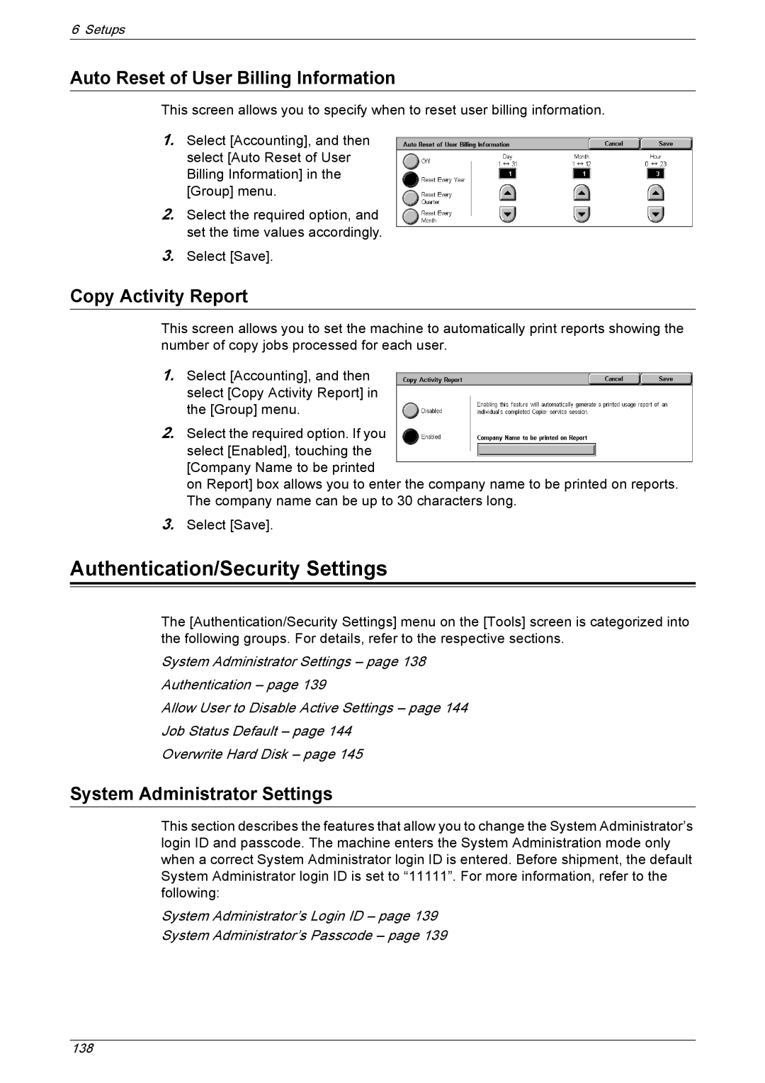 Xerox 5222 manual Authentication/Security Settings, Auto Reset of User Billing Information, Copy Activity Report 