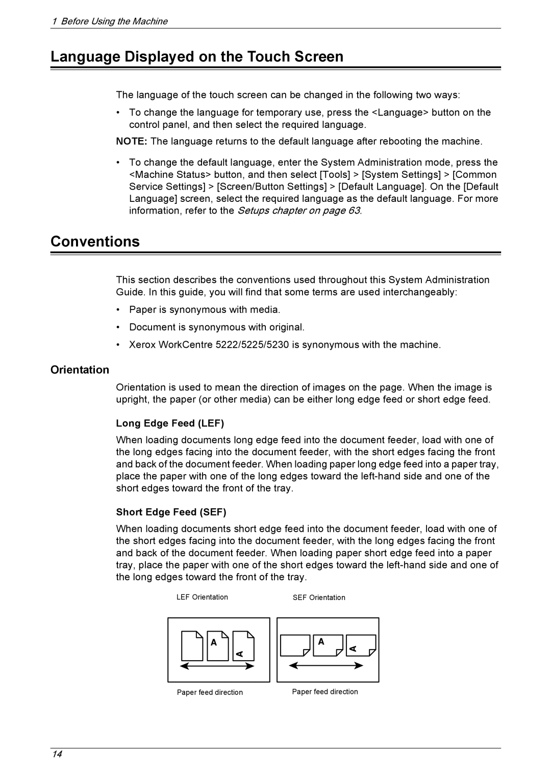 Xerox 5222 manual Language Displayed on the Touch Screen, Conventions, Orientation, Long Edge Feed LEF, Short Edge Feed SEF 