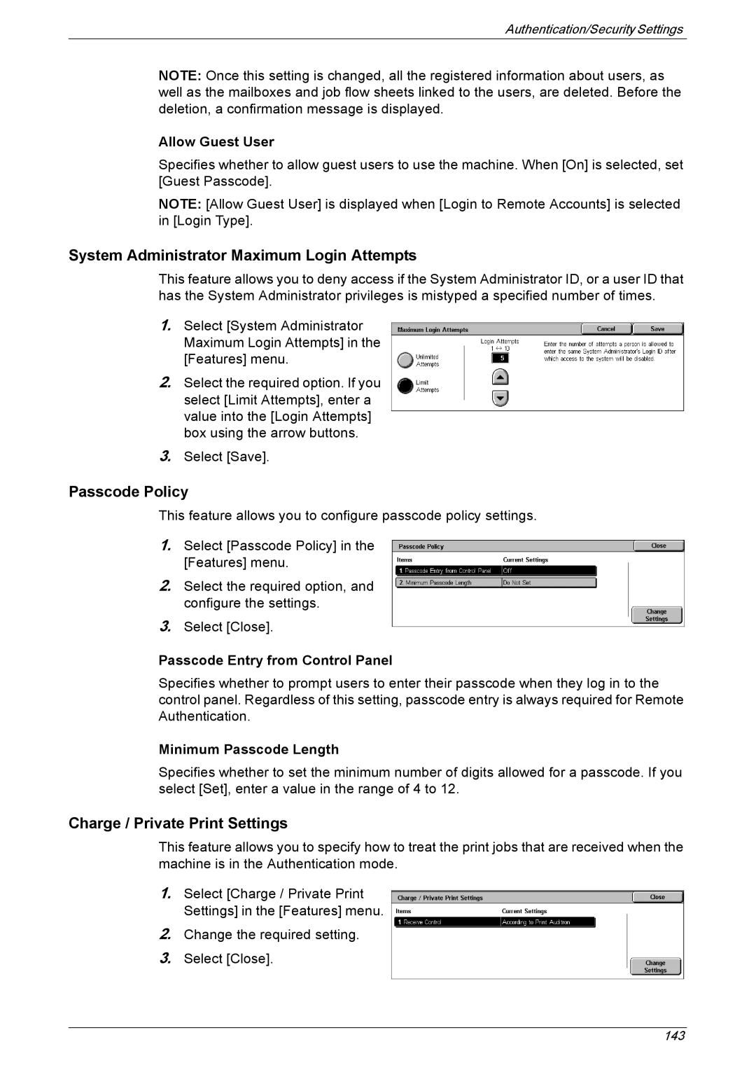 Xerox 5222 manual System Administrator Maximum Login Attempts, Passcode Policy, Charge / Private Print Settings 