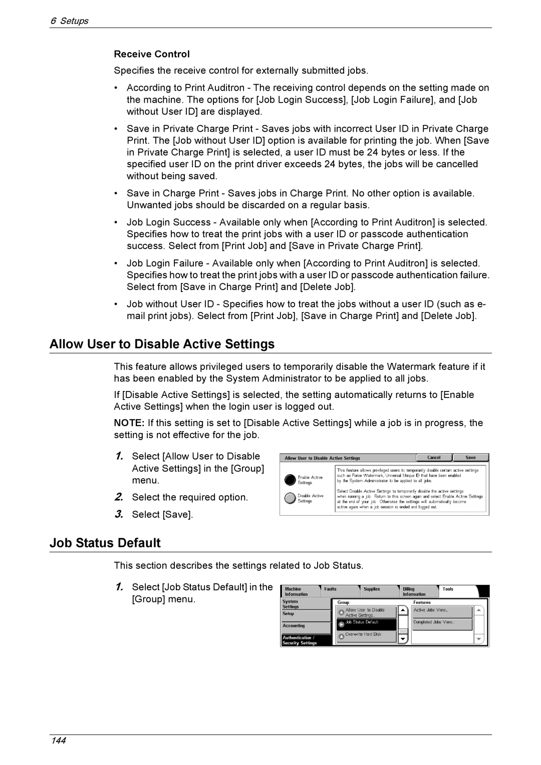 Xerox 5222 manual Allow User to Disable Active Settings, Job Status Default, Receive Control 