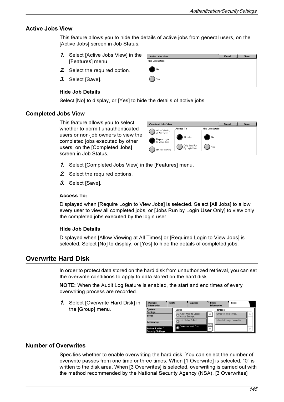 Xerox 5222 manual Active Jobs View, Completed Jobs View, Number of Overwrites, Hide Job Details, Access To 