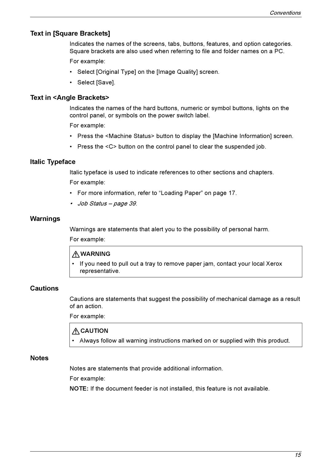 Xerox 5222 manual Text in Square Brackets, Text in Angle Brackets, Italic Typeface 