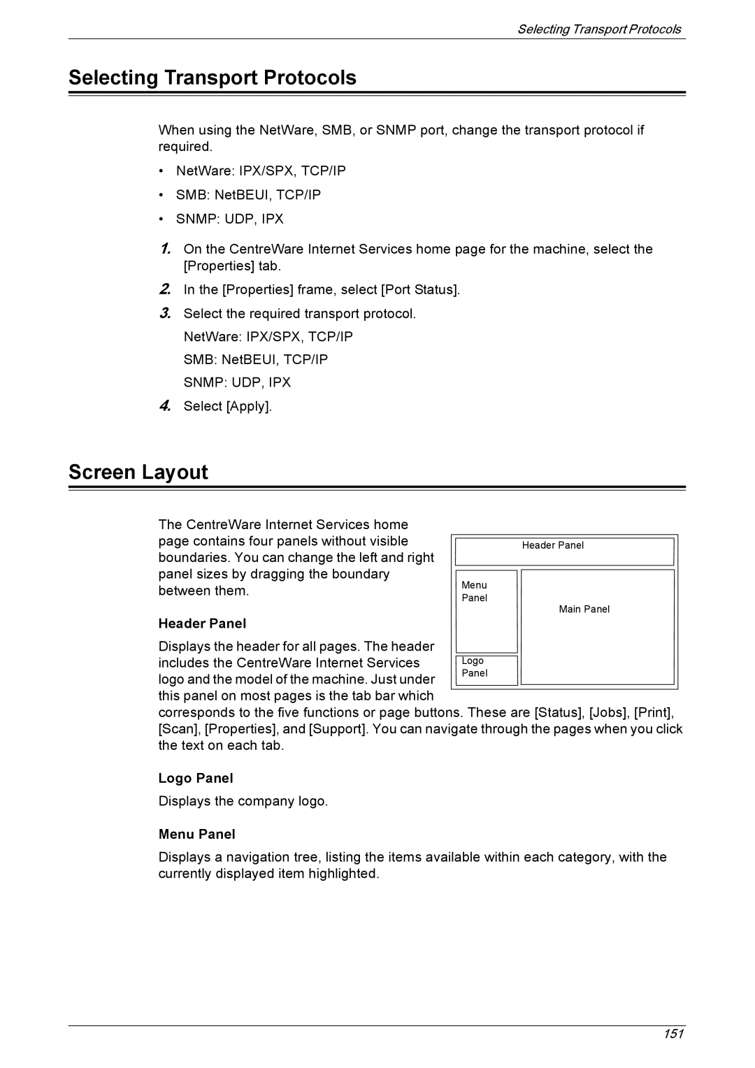 Xerox 5222 manual Selecting Transport Protocols, Screen Layout, Header Panel, Logo Panel, Menu Panel 