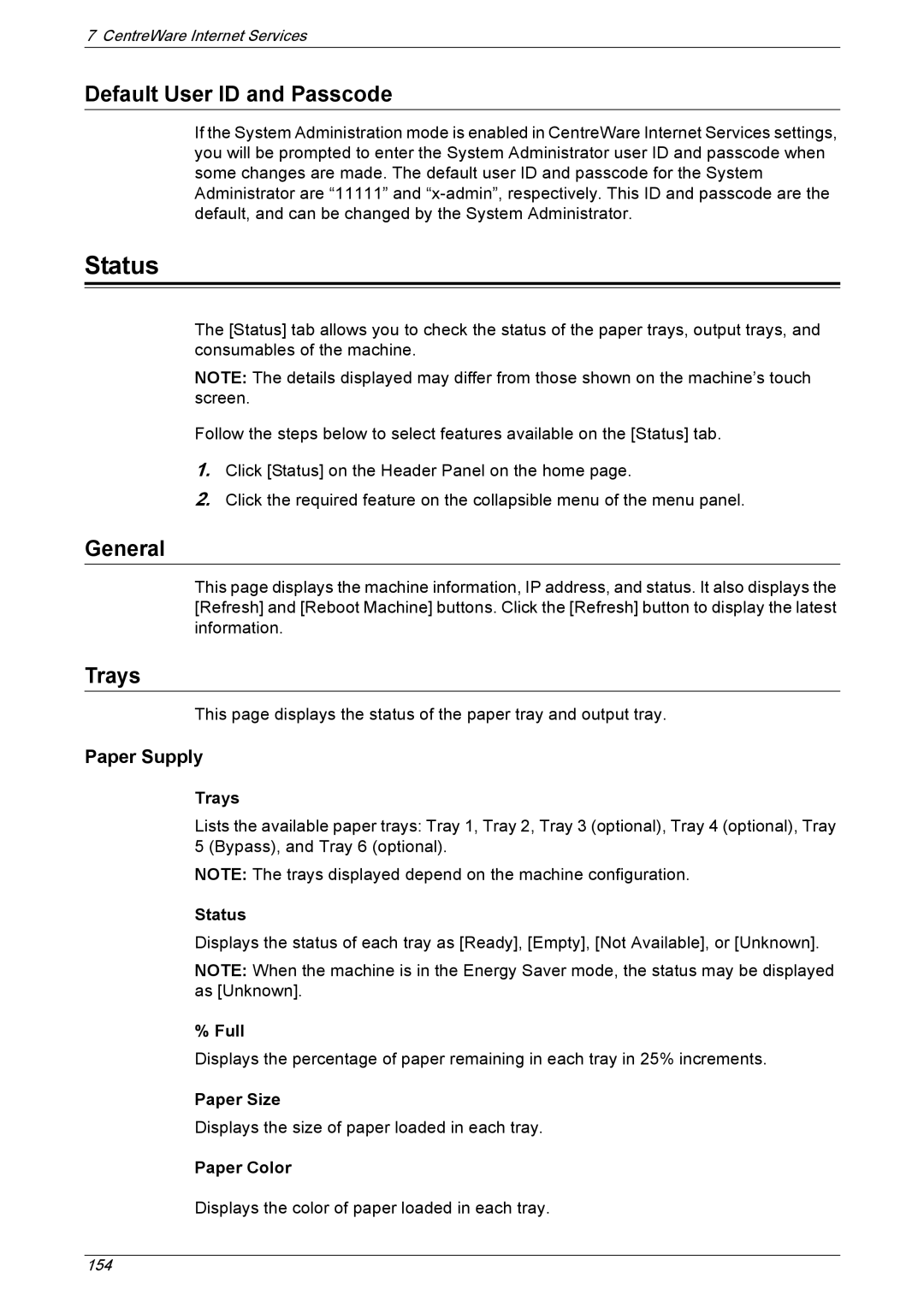 Xerox 5222 manual Status, Default User ID and Passcode, General, Trays, Paper Supply 