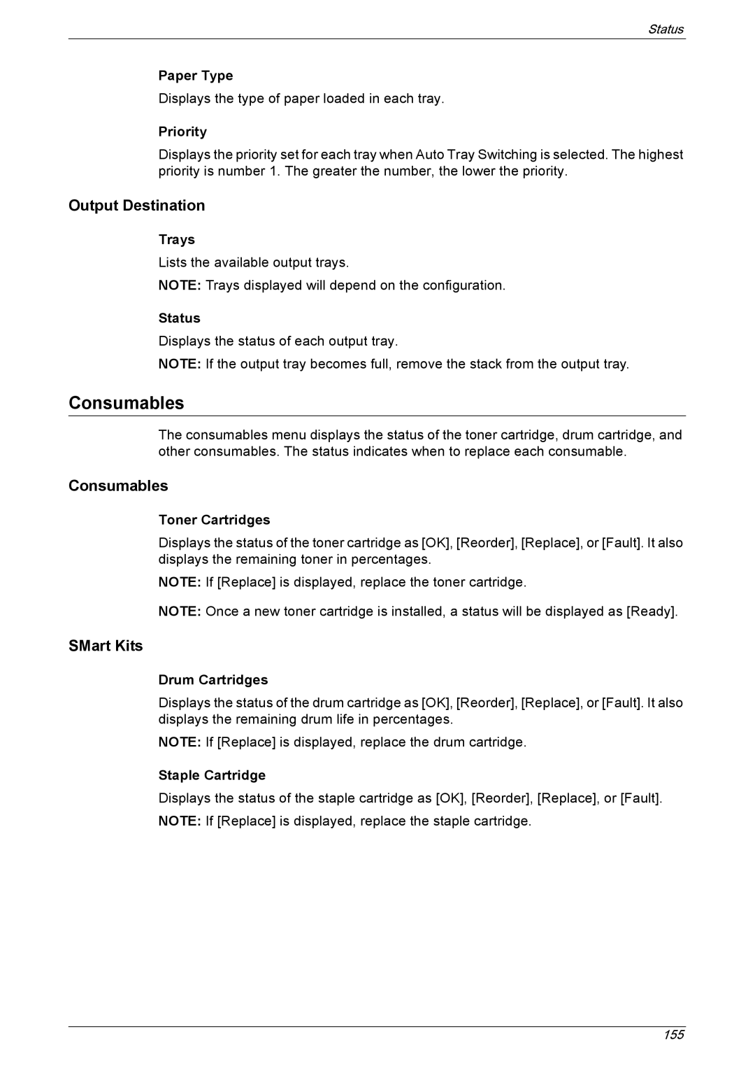 Xerox 5222 manual Consumables, Output Destination, SMart Kits 