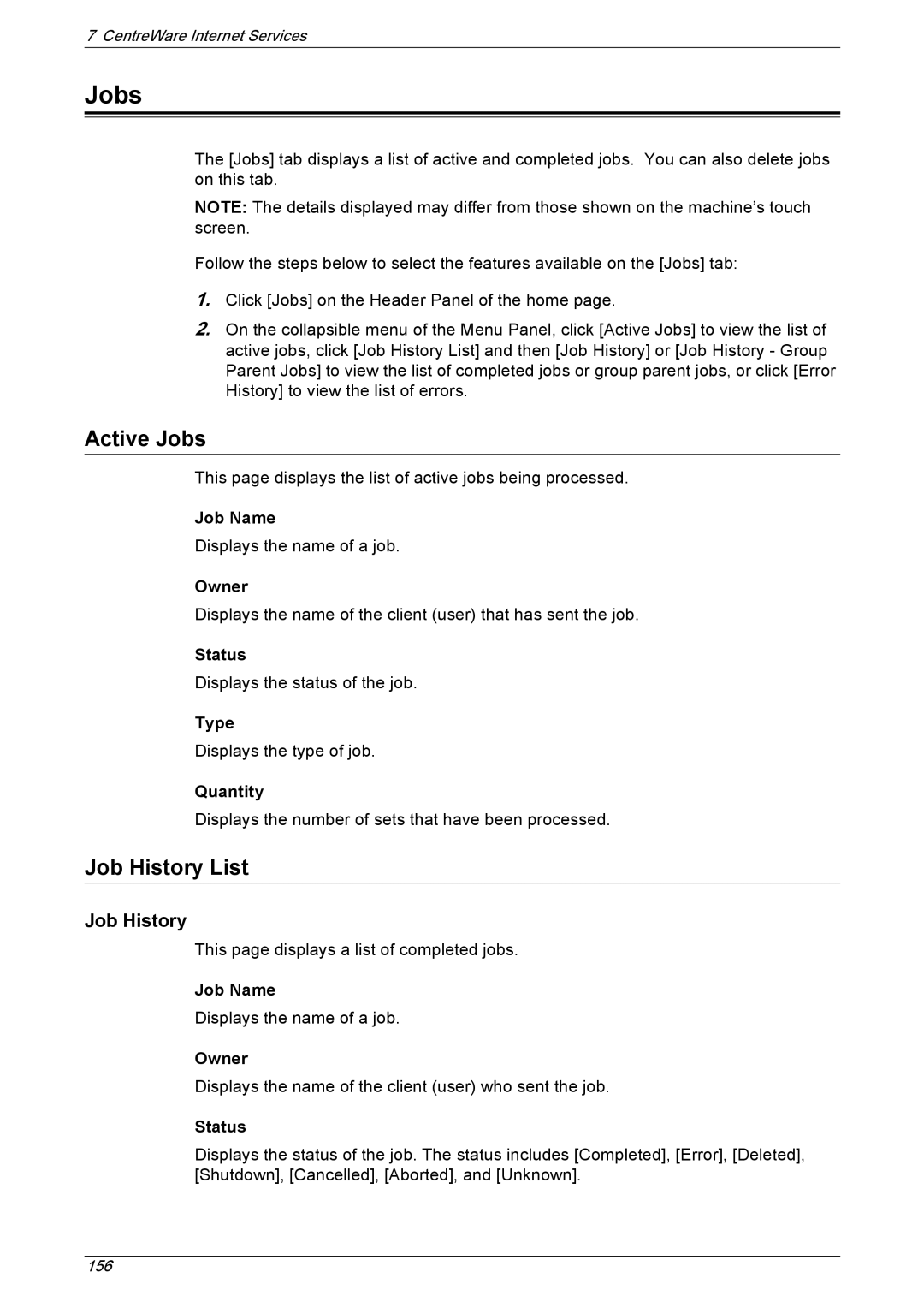 Xerox 5222 manual Active Jobs, Job History List 