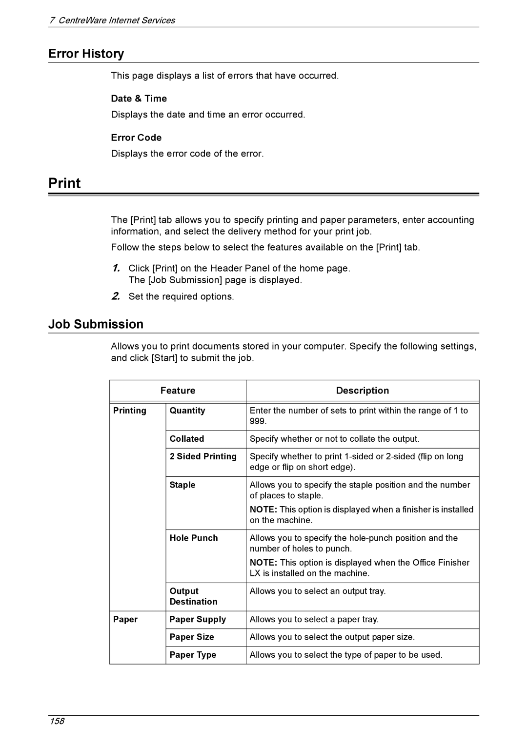 Xerox 5222 manual Print, Error History, Job Submission 