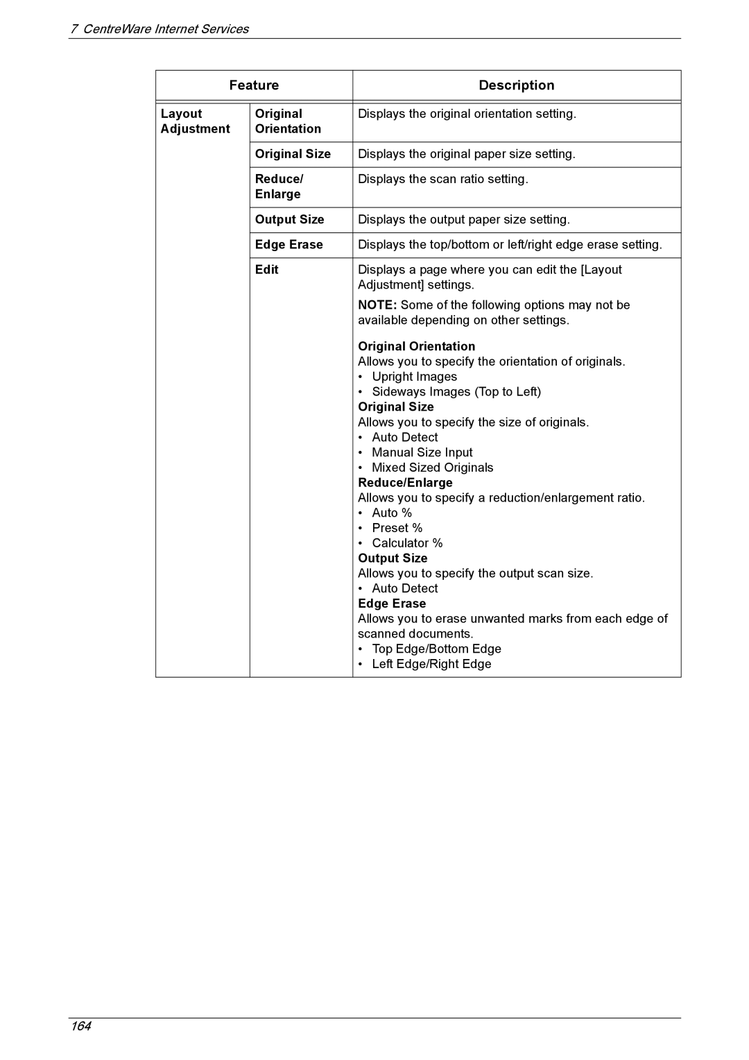 Xerox 5222 Layout Original, Adjustment Orientation Original Size, Enlarge Output Size, Edge Erase, Reduce/Enlarge 