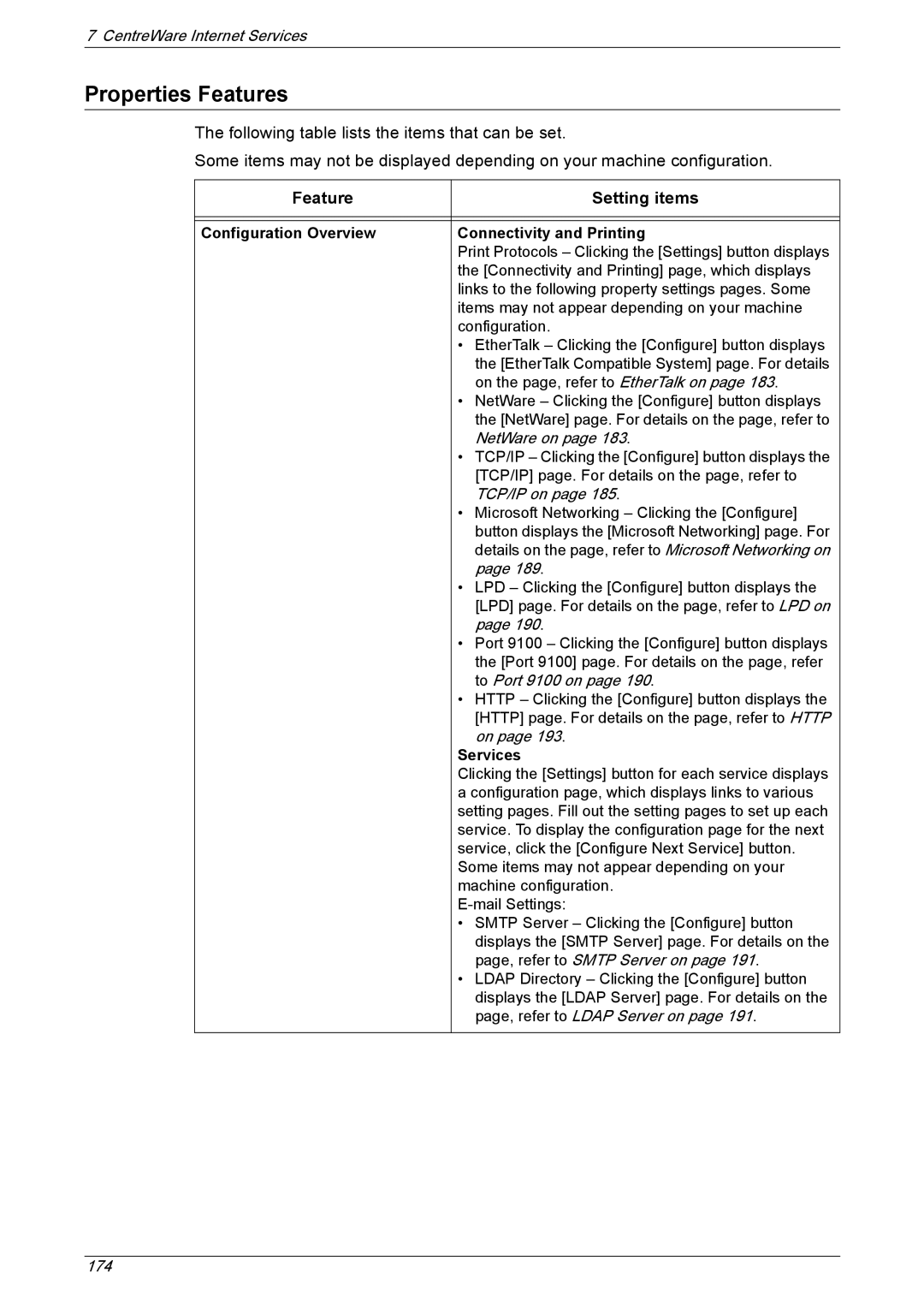 Xerox 5222 manual Properties Features, Feature Setting items, Configuration Overview Connectivity and Printing, Services 