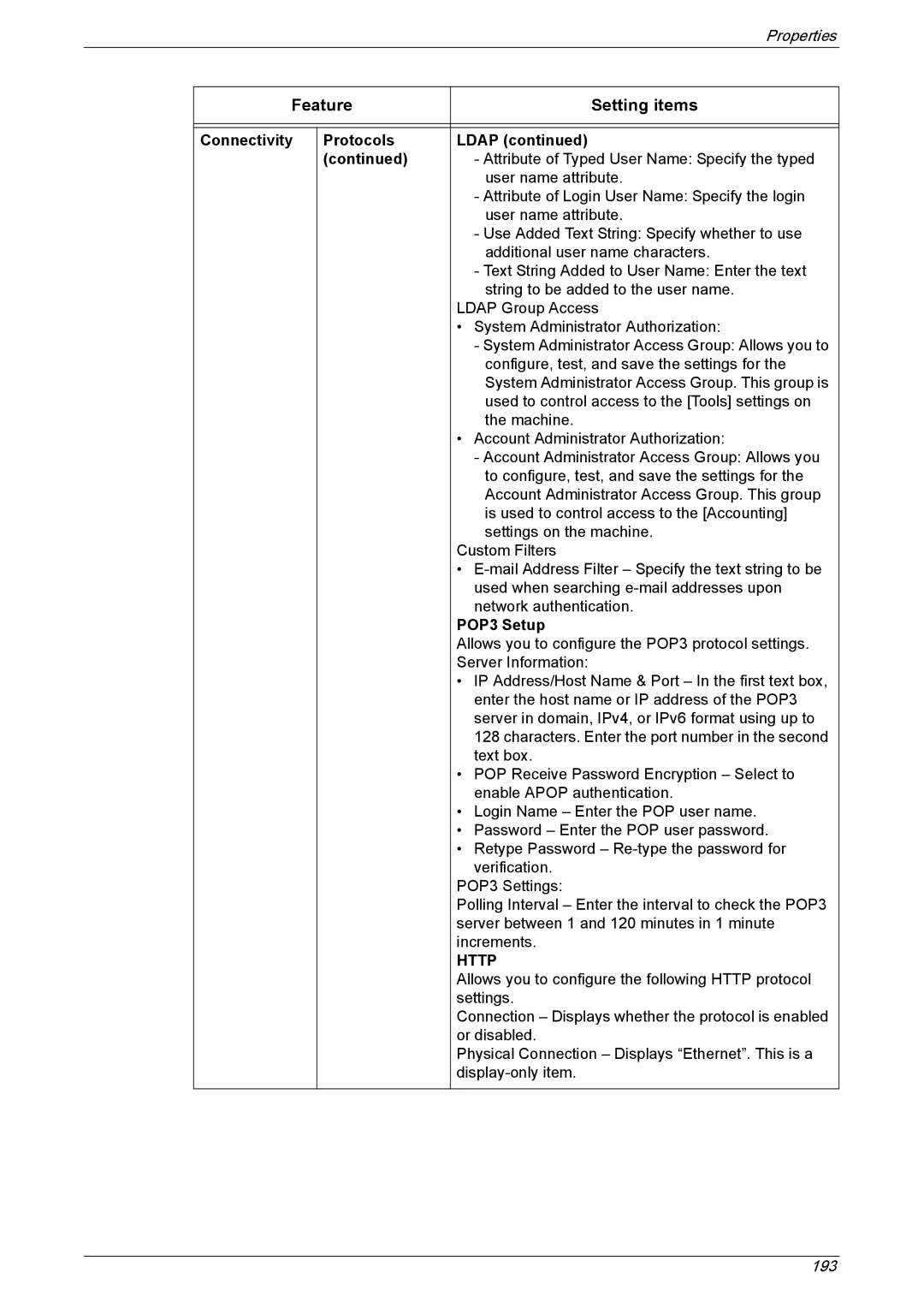 Xerox 5222 manual Connectivity Protocols Ldap, POP3 Setup 