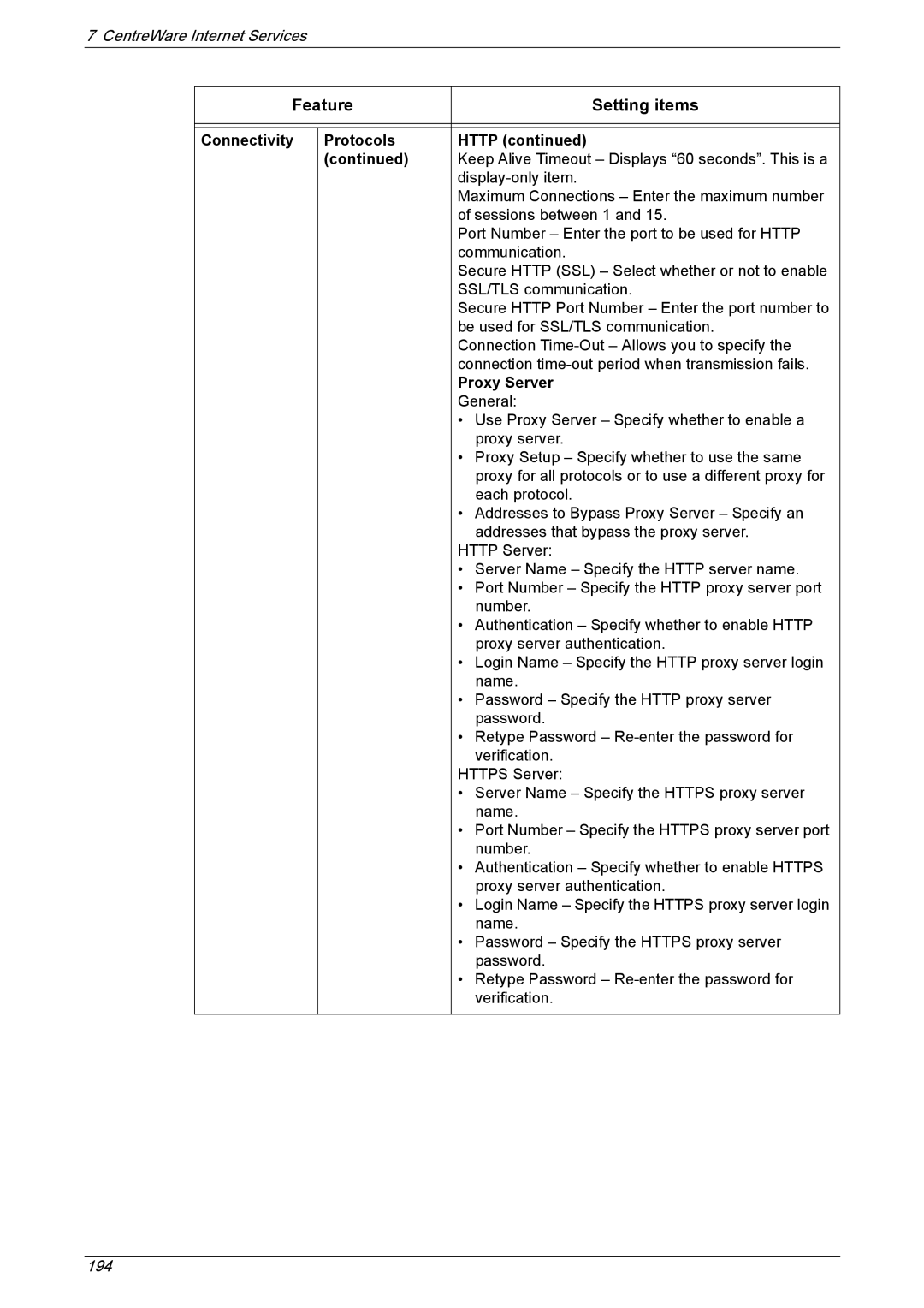 Xerox 5222 manual Connectivity Protocols Http, Proxy Server 