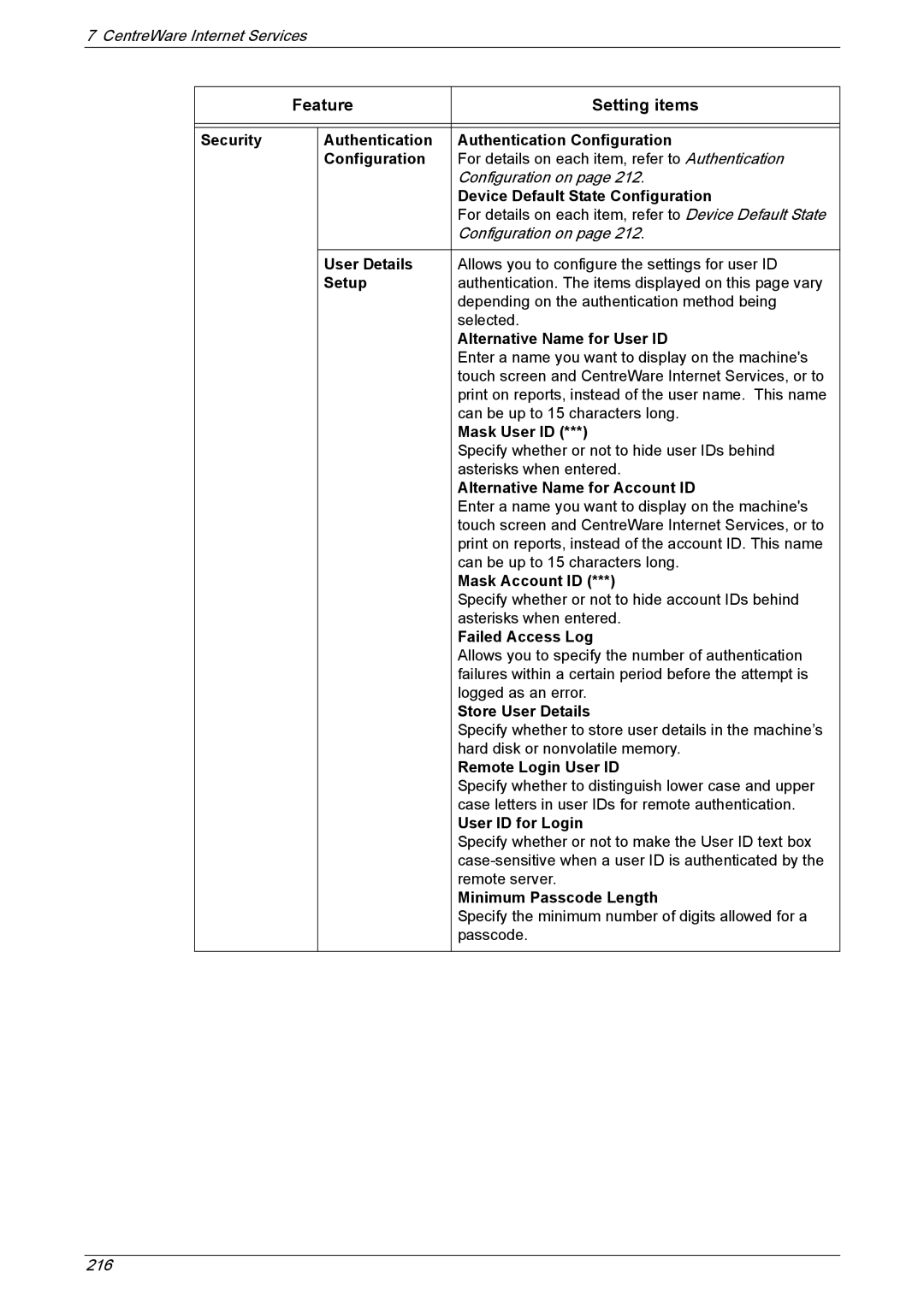 Xerox 5222 manual Security Authentication Authentication Configuration, User Details, Setup, Alternative Name for User ID 