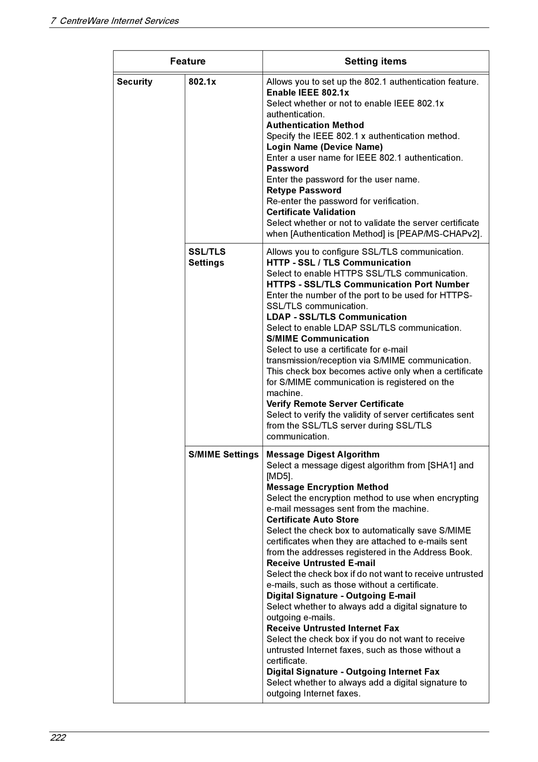 Xerox 5222 manual Security 802.1x, Enable Ieee, Authentication Method, Login Name Device Name, Retype Password 