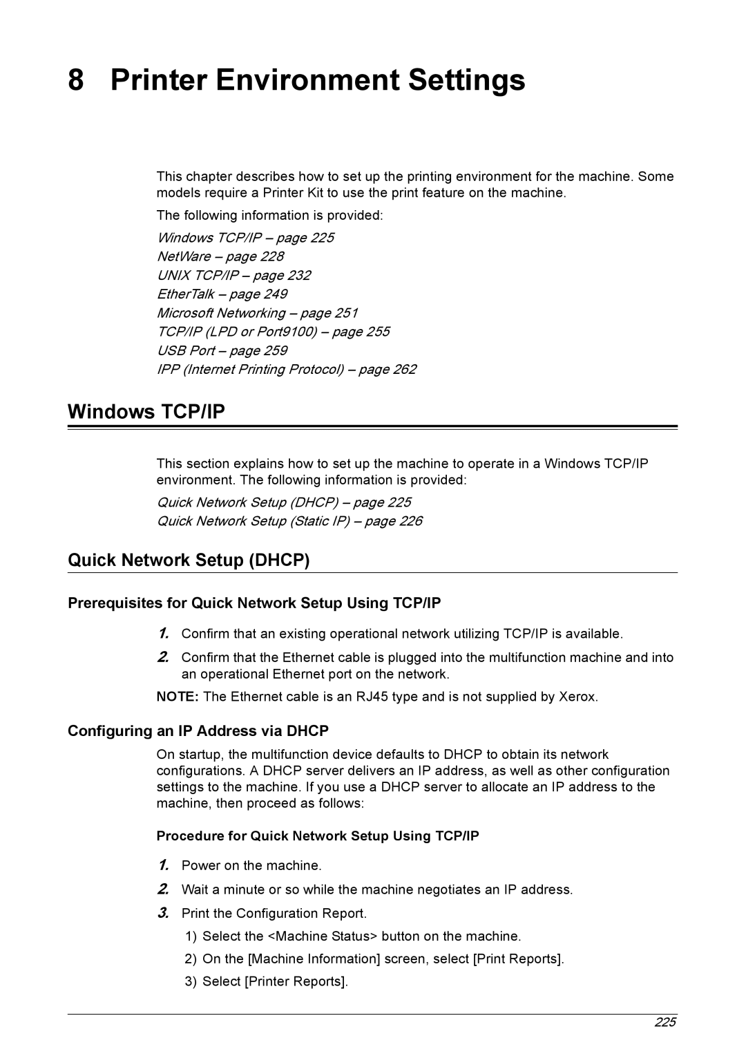 Xerox 5222 manual Windows TCP/IP, Quick Network Setup Dhcp, Prerequisites for Quick Network Setup Using TCP/IP 