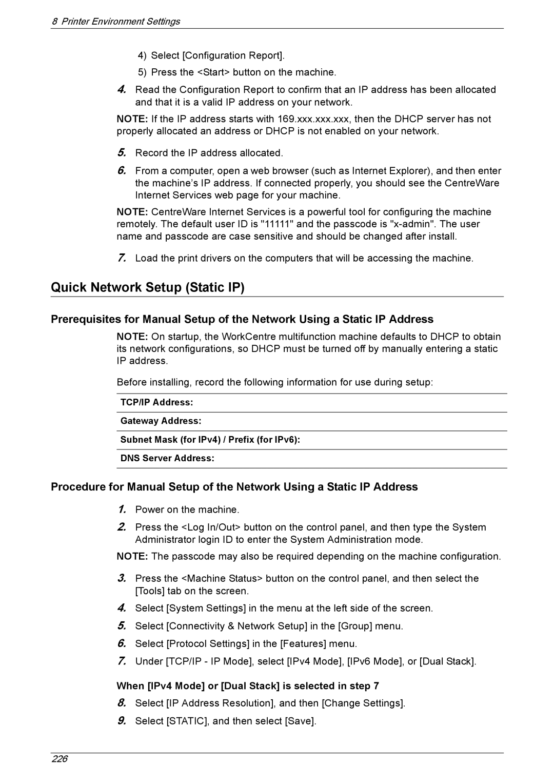 Xerox 5222 manual Quick Network Setup Static IP, When IPv4 Mode or Dual Stack is selected in step 