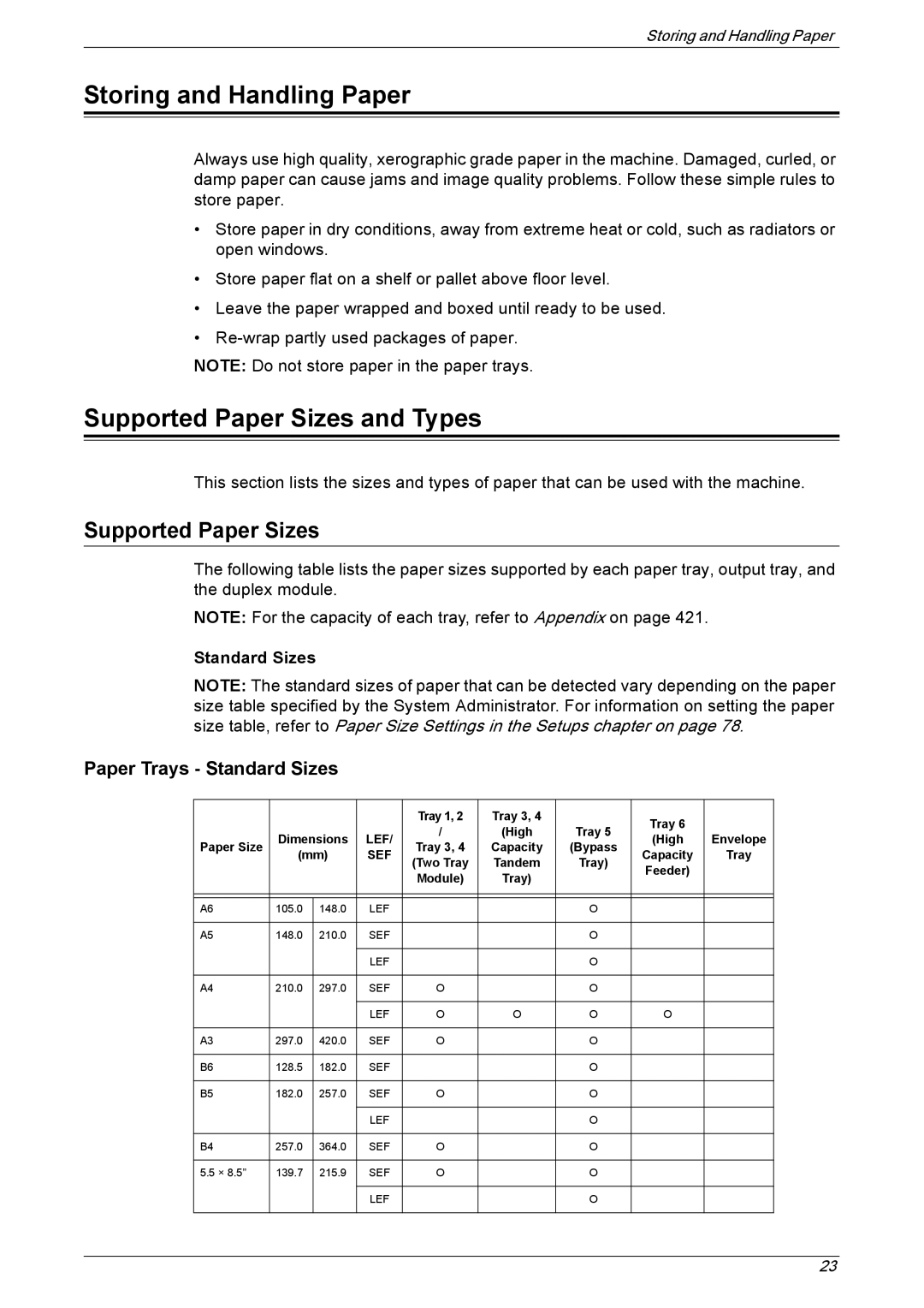 Xerox 5222 manual Storing and Handling Paper, Supported Paper Sizes and Types, Paper Trays Standard Sizes 