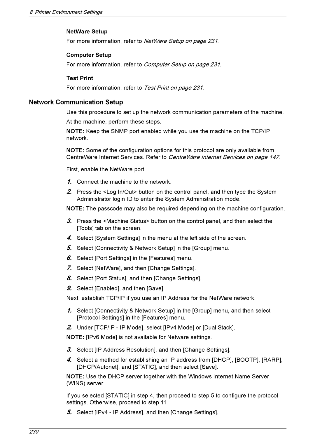 Xerox 5222 manual Network Communication Setup, NetWare Setup, Computer Setup, Test Print 