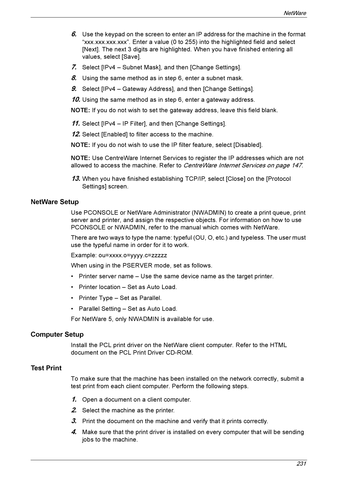 Xerox 5222 manual NetWare Setup, Computer Setup, Test Print 