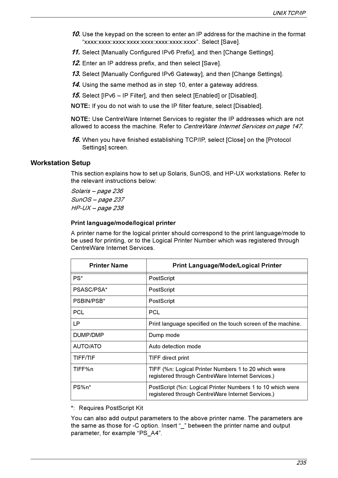 Xerox 5222 manual Workstation Setup, Print language/mode/logical printer, Printer Name Print Language/Mode/Logical Printer 