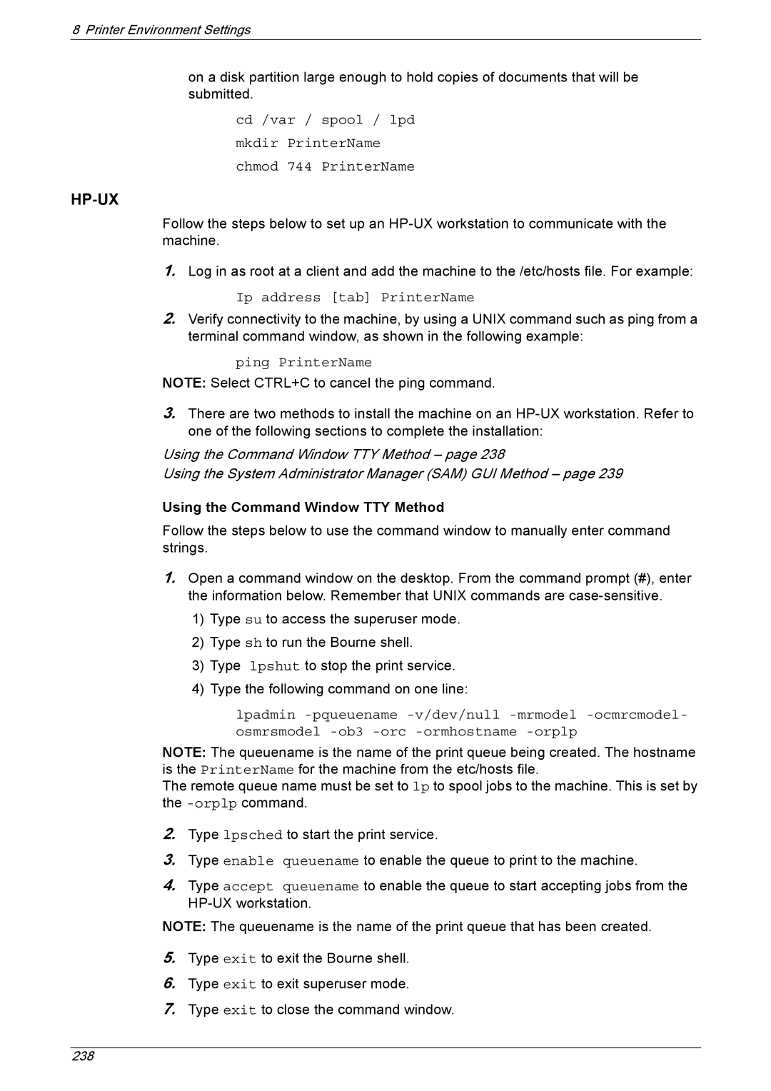 Xerox 5222 manual Hp-Ux, Using the Command Window TTY Method 