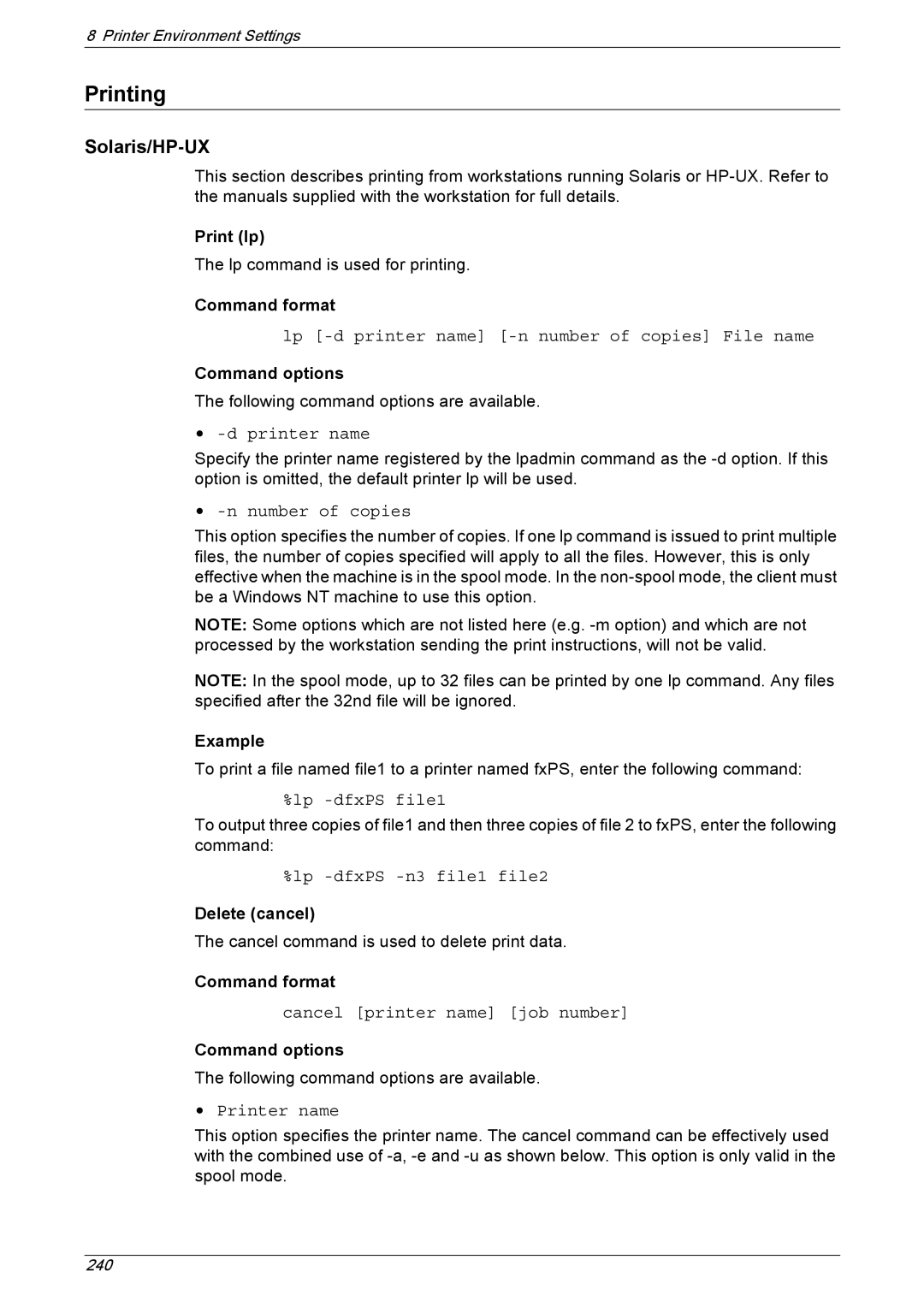 Xerox 5222 manual Printing, Solaris/HP-UX 