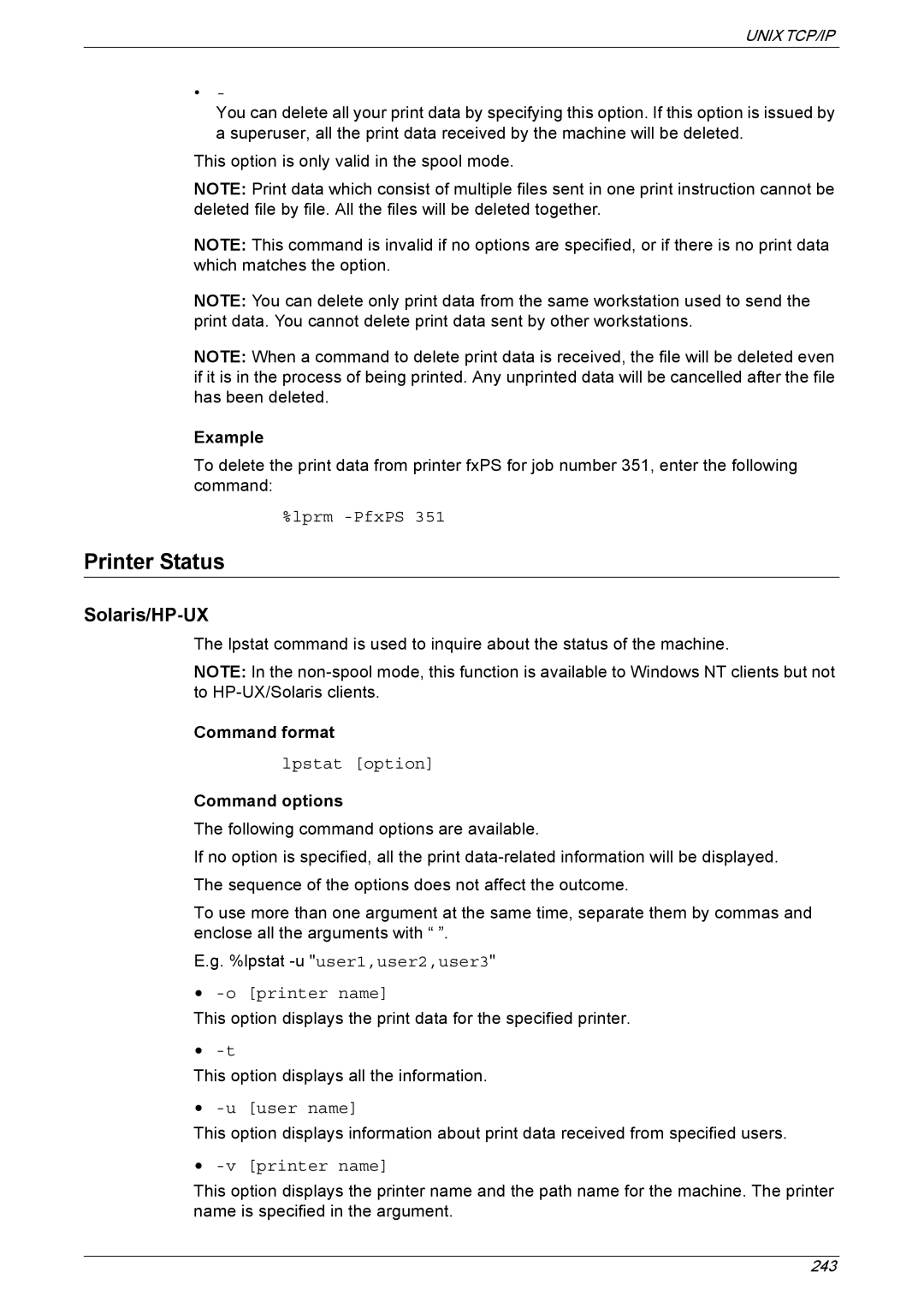 Xerox 5222 manual Printer Status, Solaris/HP-UX 