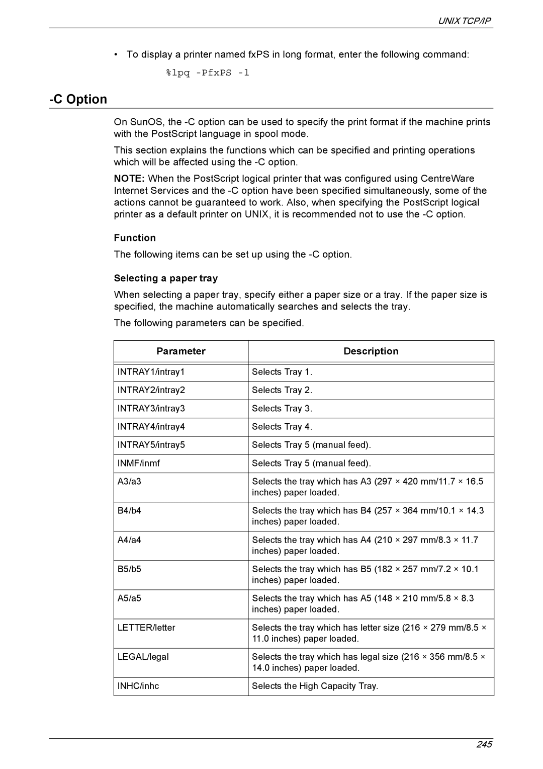 Xerox 5222 manual Option, Function, Selecting a paper tray, Parameter Description 