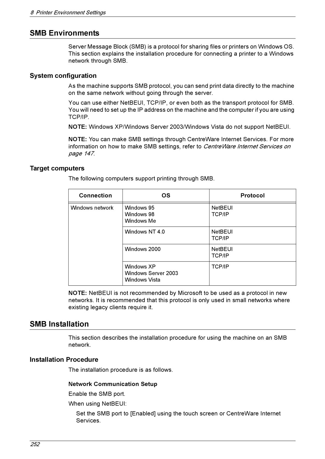 Xerox 5222 manual SMB Environments, SMB Installation, Connection Protocol 