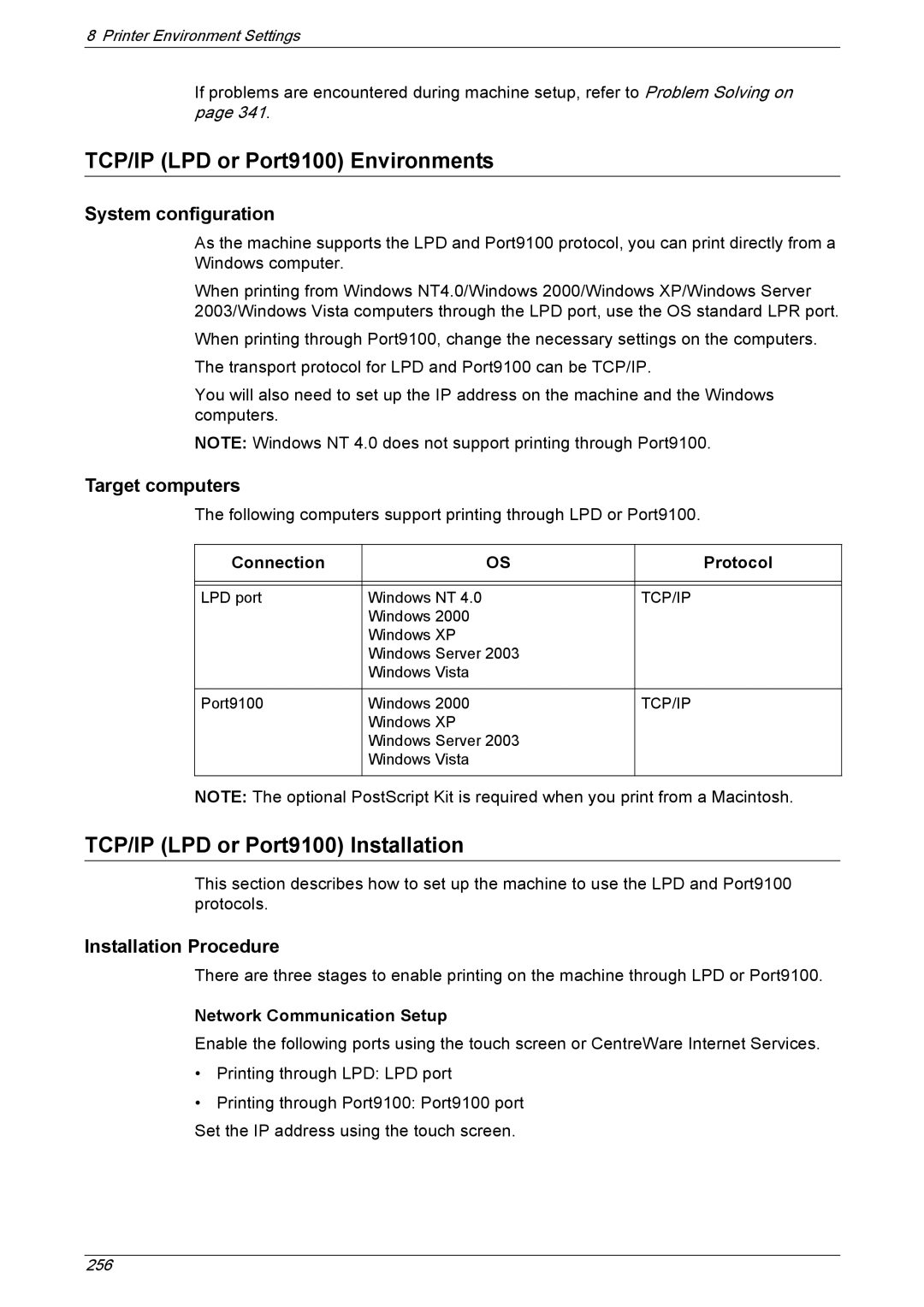 Xerox 5222 manual TCP/IP LPD or Port9100 Environments, TCP/IP LPD or Port9100 Installation 