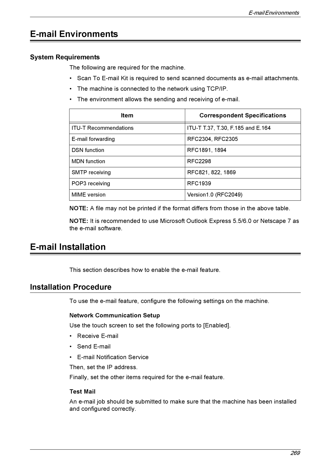 Xerox 5222 manual Mail Environments, Mail Installation, System Requirements, Correspondent Specifications, Test Mail 