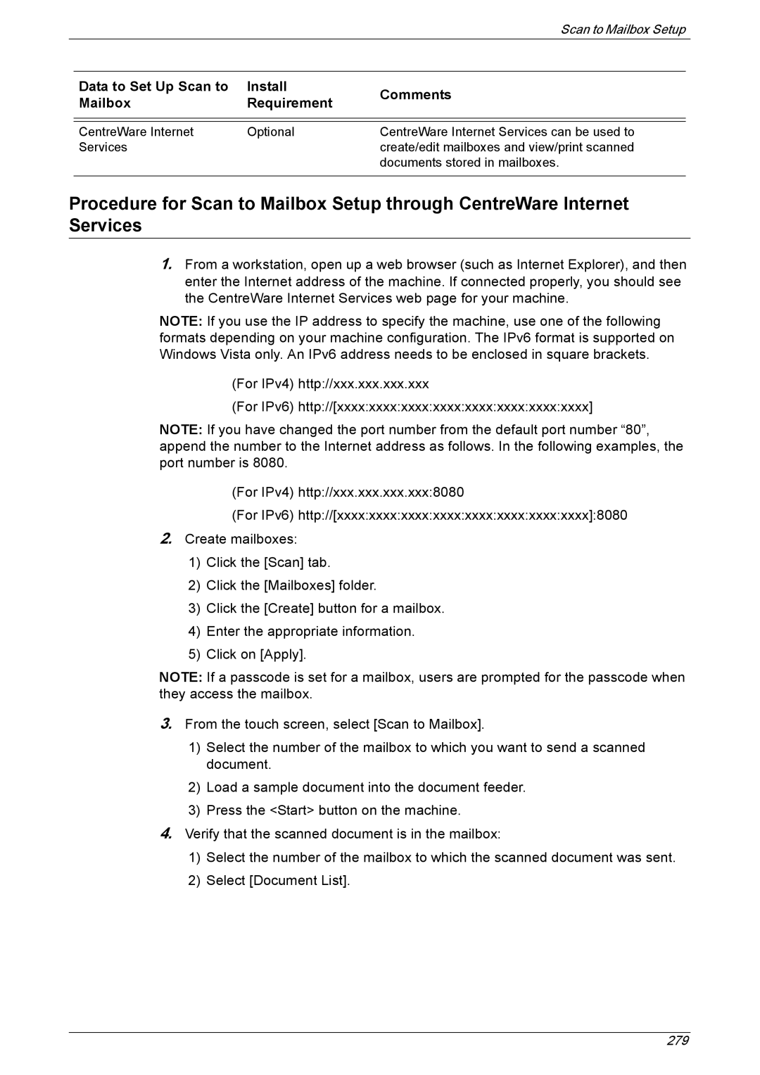 Xerox 5222 manual Data to Set Up Scan to Install Comments Mailbox Requirement 