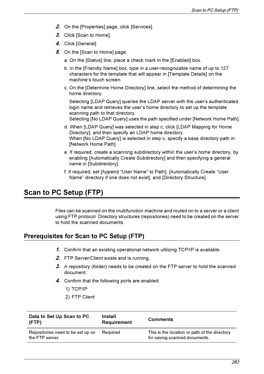 Xerox 5222 manual Prerequisites for Scan to PC Setup FTP, Data to Set Up Scan to PC Install Comments 