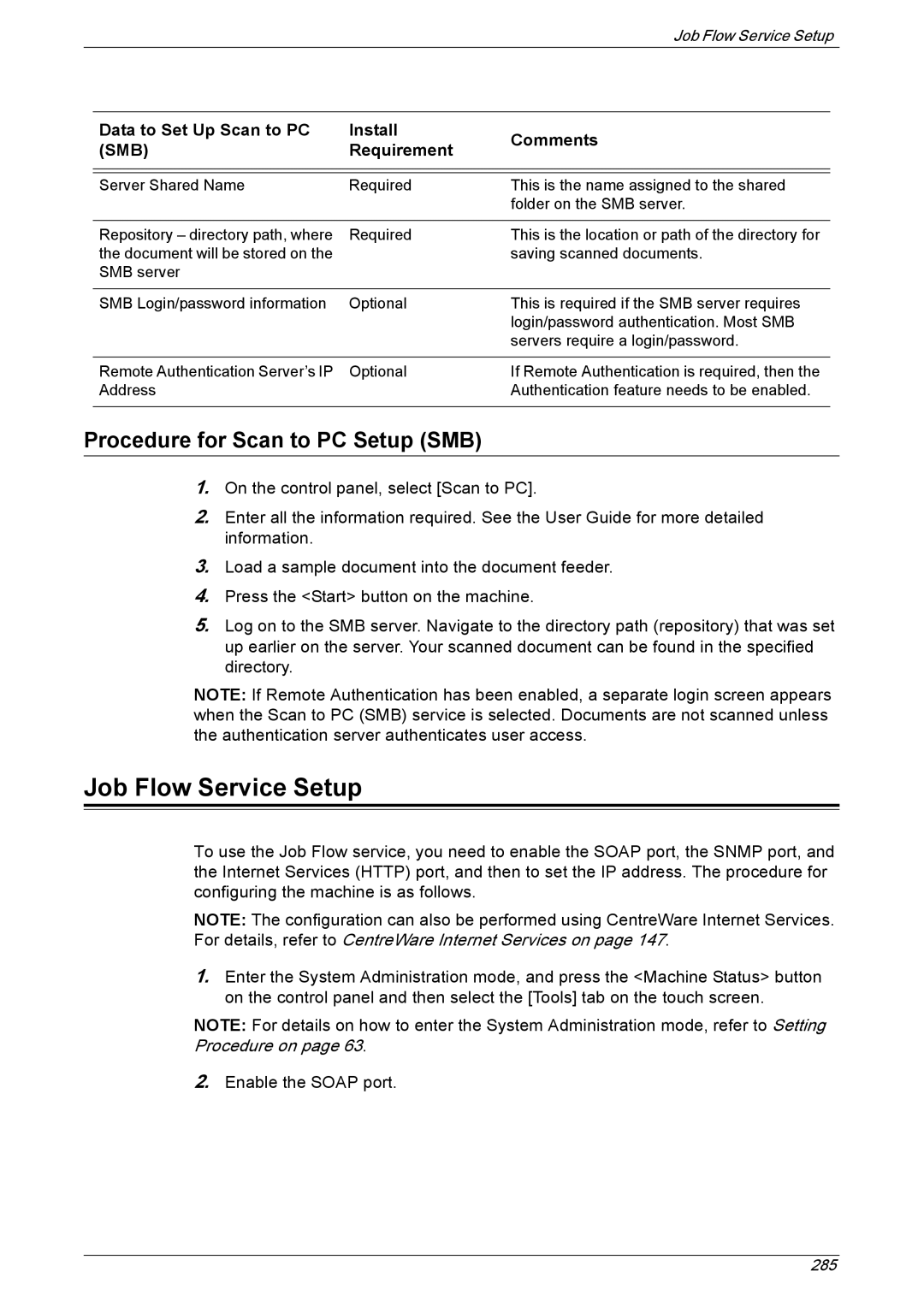 Xerox 5222 manual Job Flow Service Setup, Procedure for Scan to PC Setup SMB 