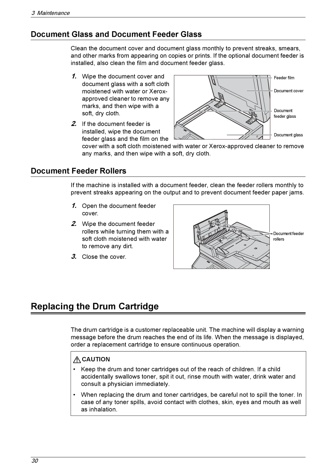 Xerox 5222 manual Replacing the Drum Cartridge, Document Glass and Document Feeder Glass, Document Feeder Rollers 